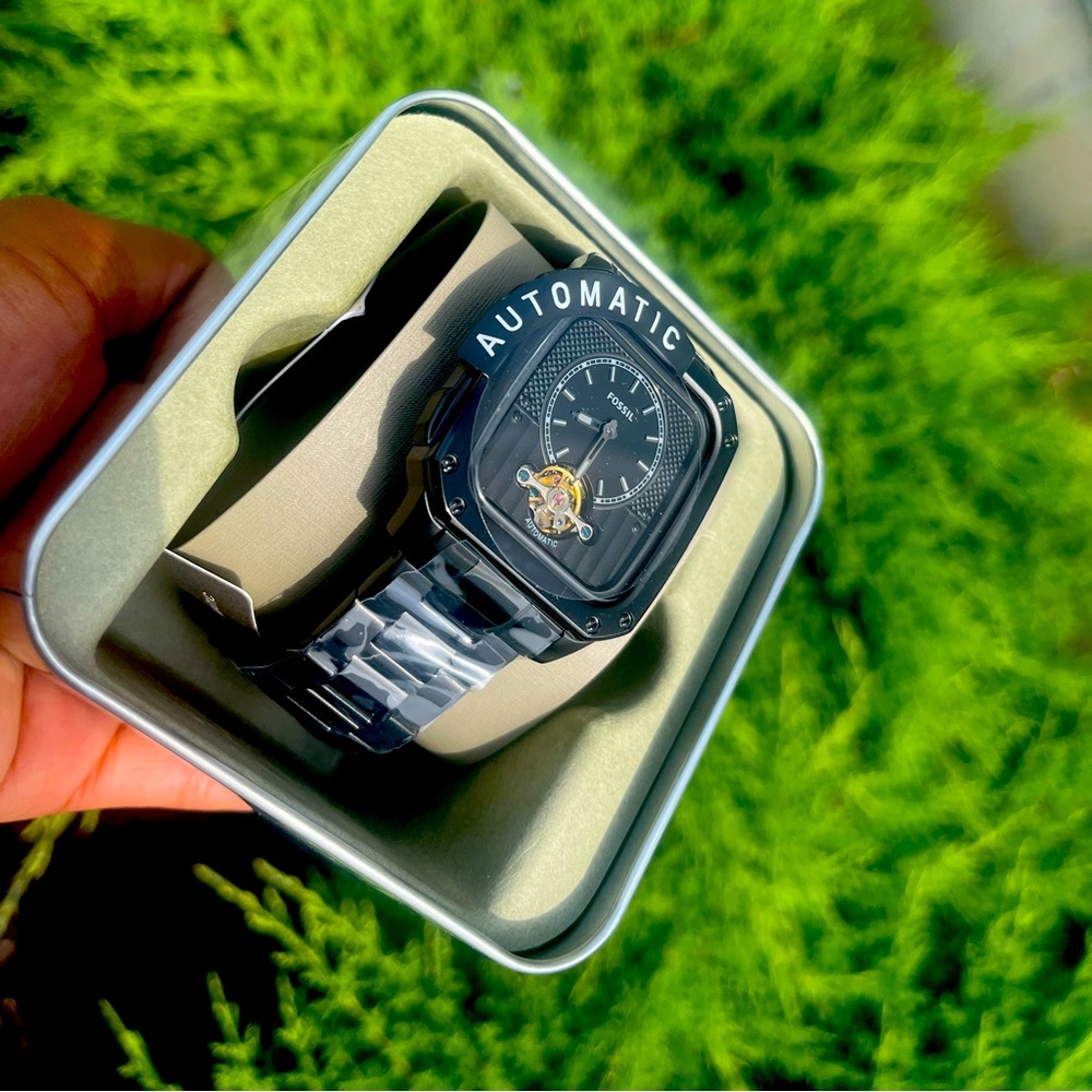 Black Fossil Inscription Men's Watch with Square Case and Stainless Steel